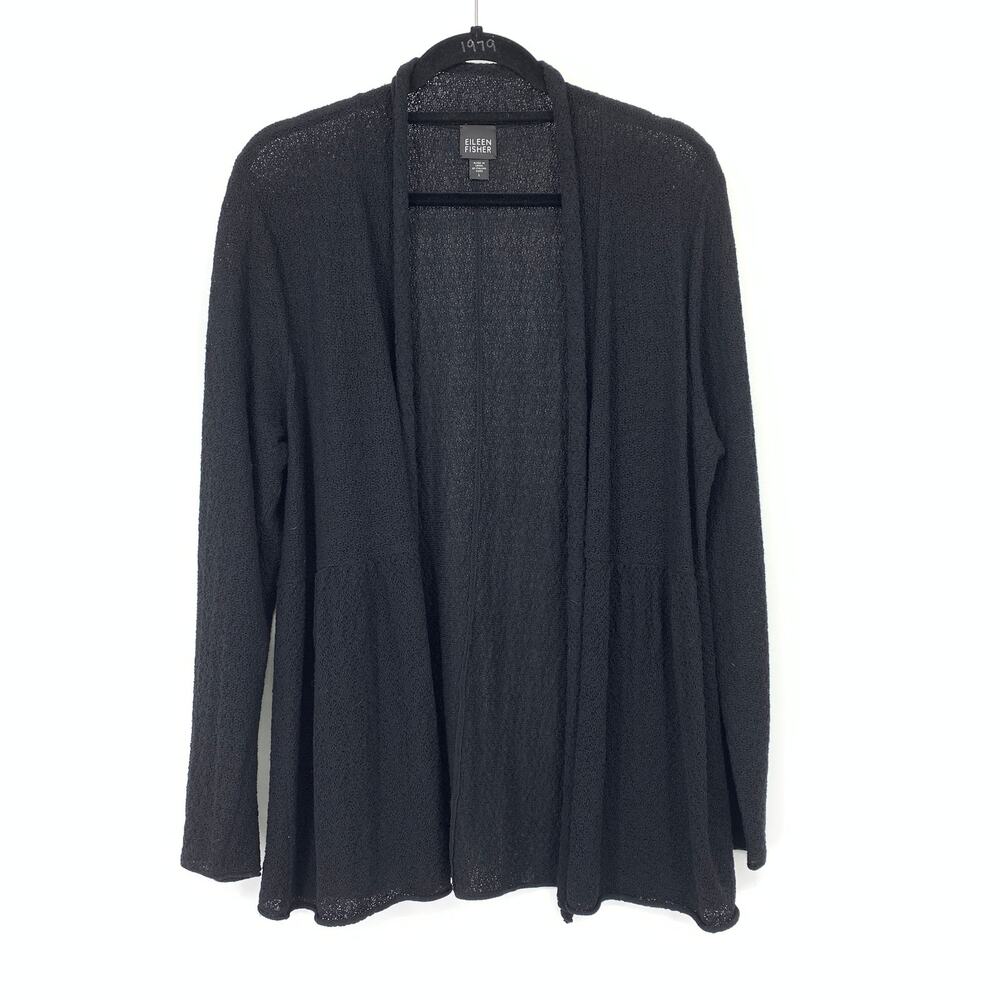 Eileen Fisher Cardigan Sweater Womens Sz Large Black 100% Wool Open Front
